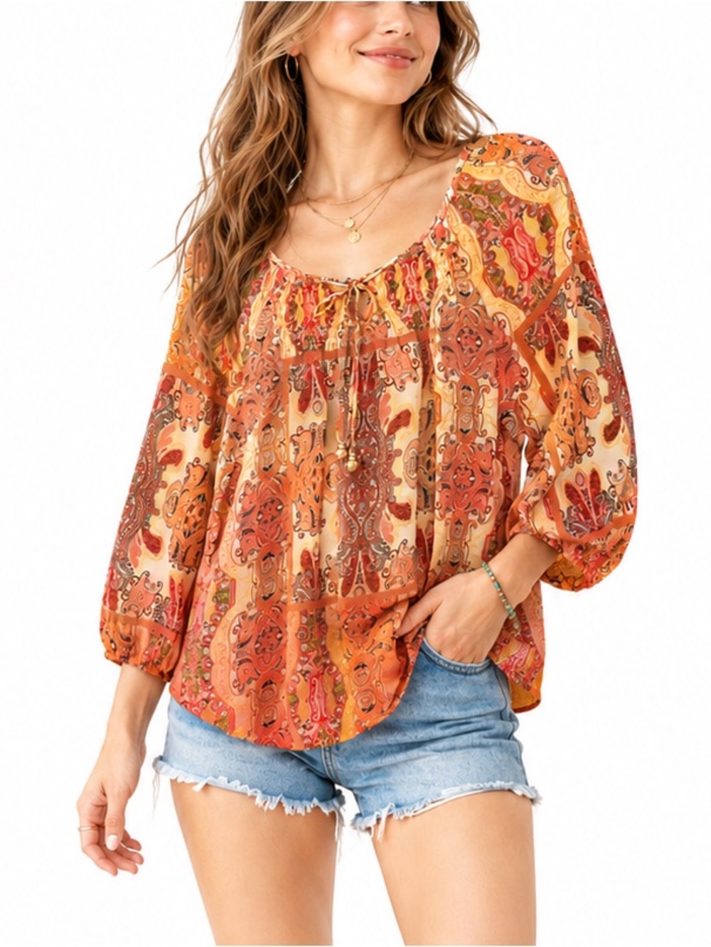Charter Club Paisley Boho Peasant Top Orange Yellow 3/4 Sleeve Sheer Blouse L